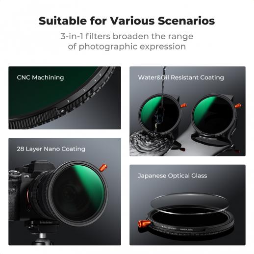 82mm Variable ND2-32 & CPL & Black Mist 1/4 3 in 1 HD Lens Filter with 28 Multi-Coated for Camera Lenses Nano-Xcel Series 82mm Variable ND2-32 & CPL & Black Mist 1/4 3 in 1 HD Lens Filter with 28 Multi-Coated for Camera Lenses Nano-Xcel Series